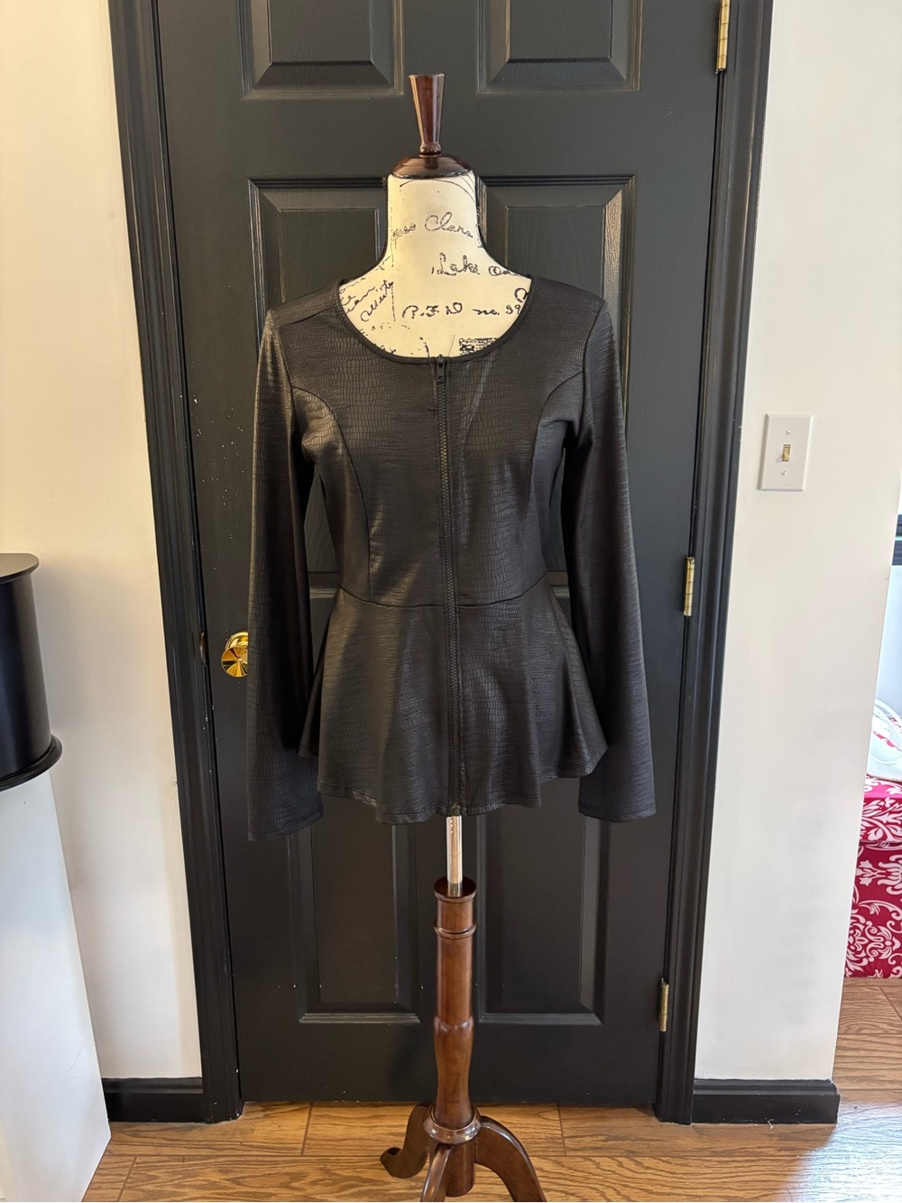 AKIRA Black Faux Leather Peplum Top with Front Zip